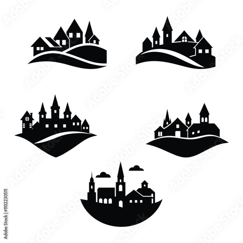 small vilage community art silhouette vector art collection