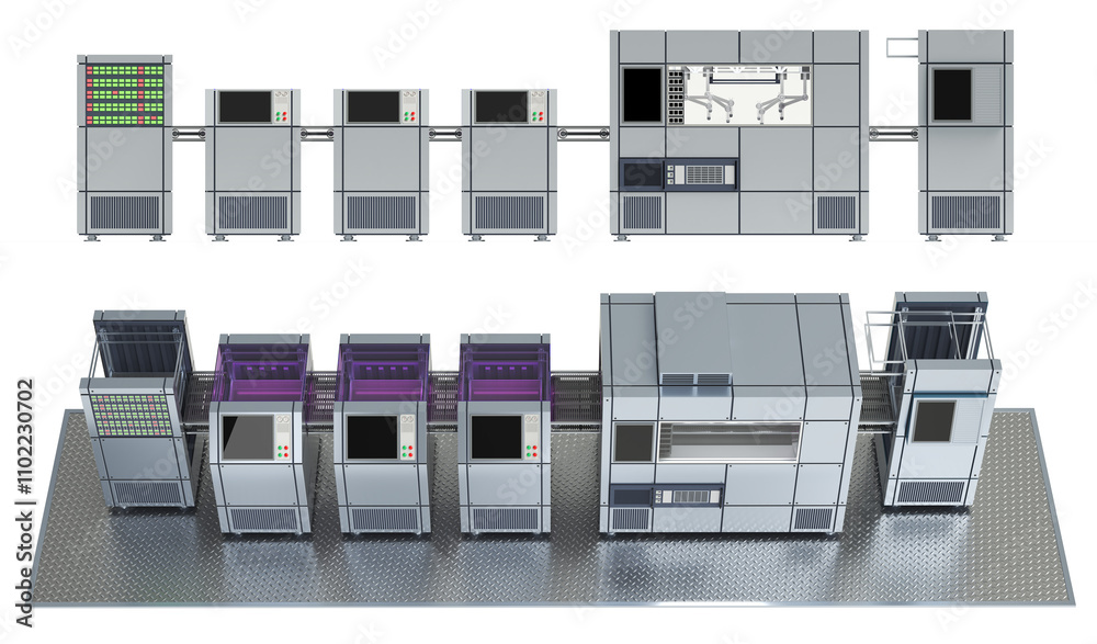 CNC automatic production line front view and top view. 3d illustration isolated on white