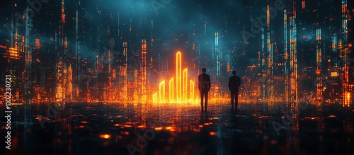 Two figures stand in front of a glowing city skyline.