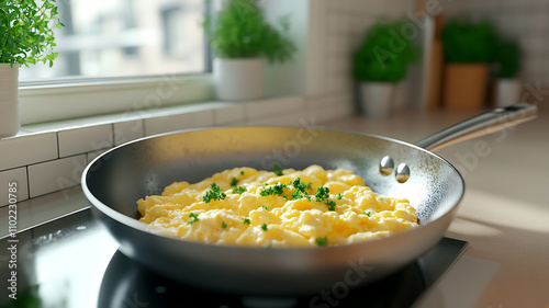 A high-quality image of scrambled eggs with a soft, creamy texture in a stainless steel pan, topped with grated cheese and parsley, cozy kitchen background.