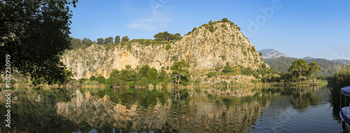 Panoramic view of the beautiful scenery on the Dalyan River in southern Turkey.