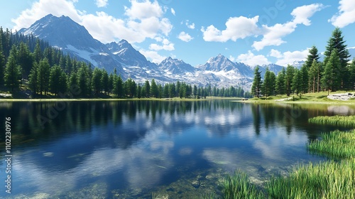 Serene mountain lake reflecting majestic peaks under a clear blue sky with scattered clouds