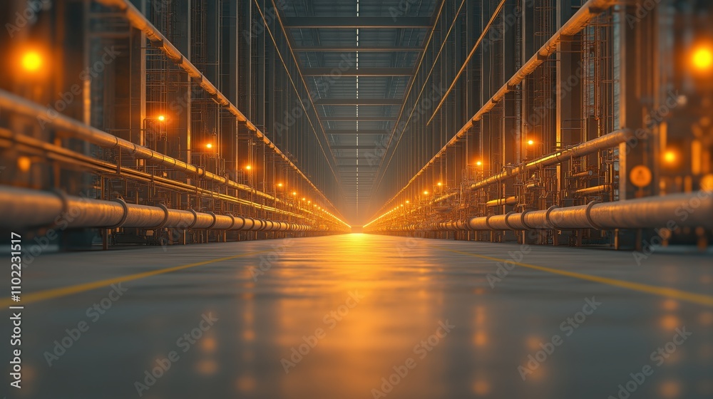 Fototapeta premium A long, empty, dimly lit tunnel with yellow lights