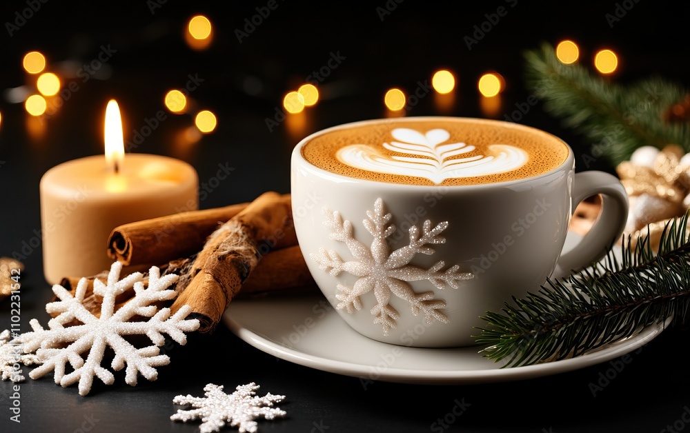 A cozy winter scene featuring a latte with decorative foam art, surrounded by cinnamon sticks, a candle, and festive decorations. A cozy winter scene featuring a latte with decorative foam art, surrounded by cinnamon sticks, a candle, and festive decorations.