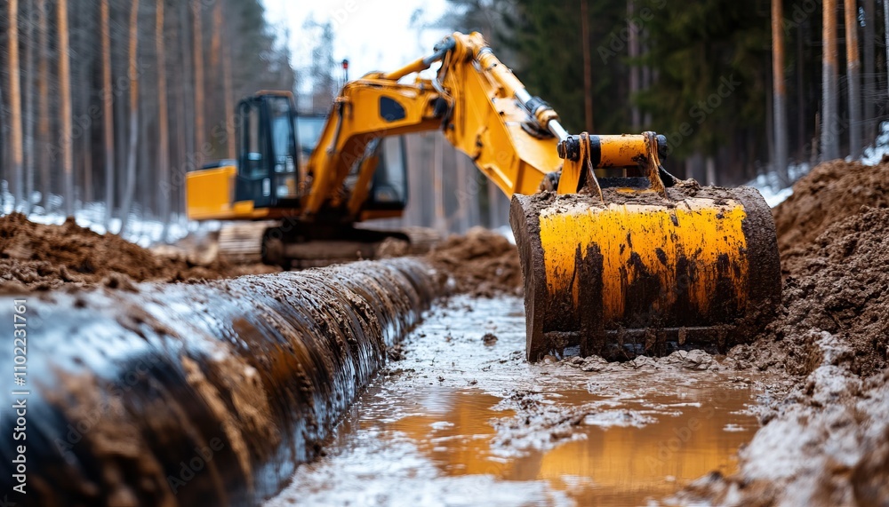 A construction site featuring an excavator digging a trench, with a visible pipeline and water in the foreground, surrounded by trees. A construction site featuring an excavator digging a trench, with a visible pipeline and water in the foreground, surrounded by trees.