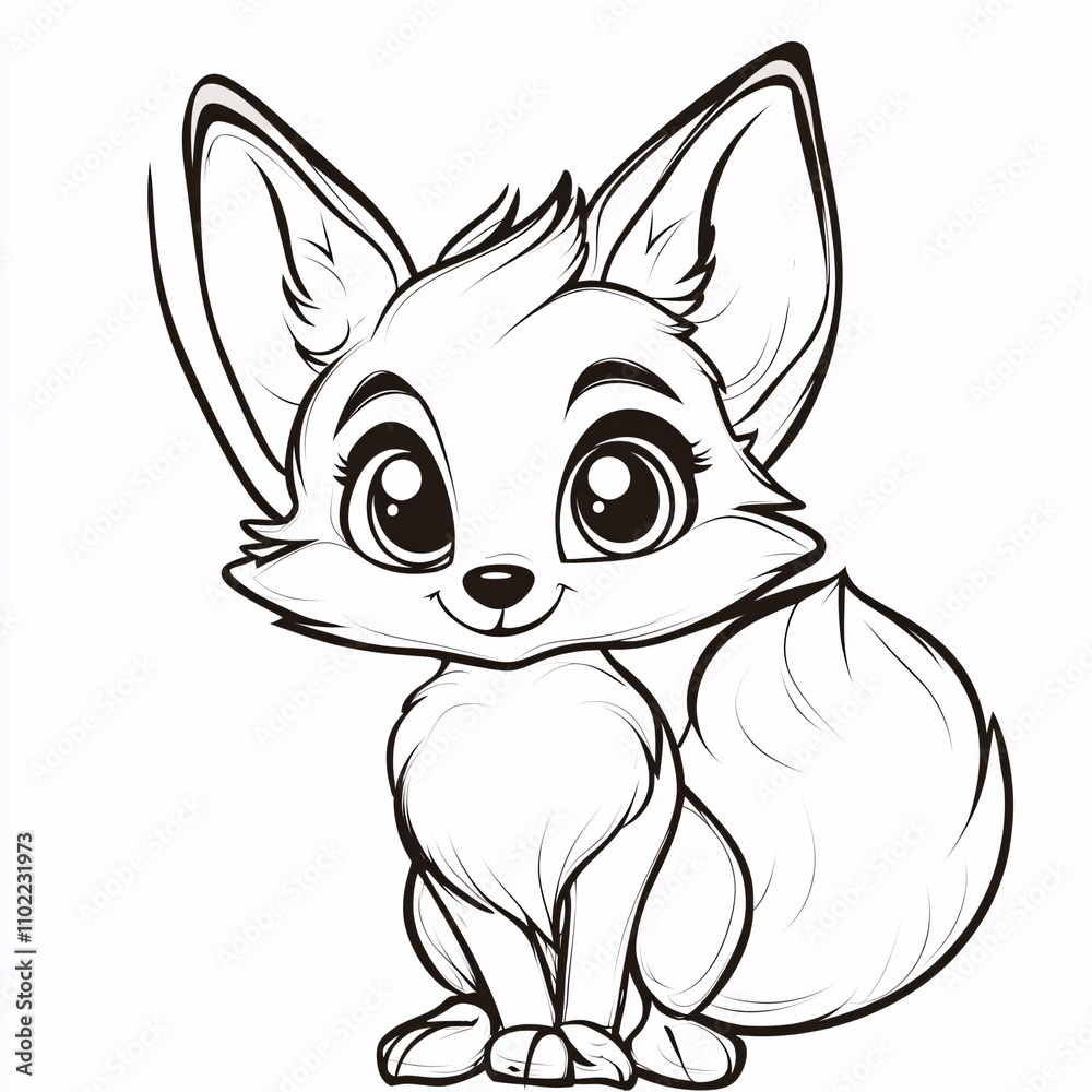Cute cartoon fox character with large eyes and fluffy tail for kid's coloring page outline on white background Cute cartoon fox character with large eyes and fluffy tail for kid's coloring page outline on white background