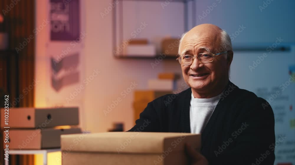 Happy senior man entrepreneur holds out a paper box, representing postal service