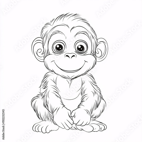 Cute Cartoon Orangutan Character with Big Eyes and Friendly Smile for kid's coloring page outline on white background photo