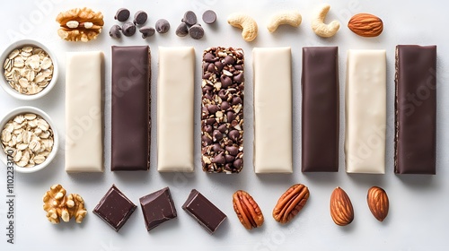 A set of protein bars unwrapped, laid out with their ingredients like oats, chocolate chips, and nuts. photo