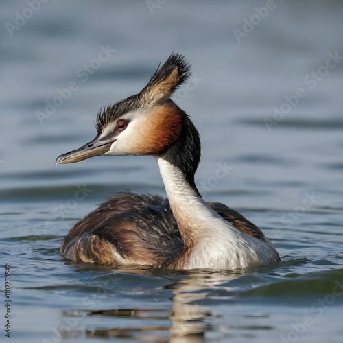 Closeup shot of Great crested grebe swimming on a water