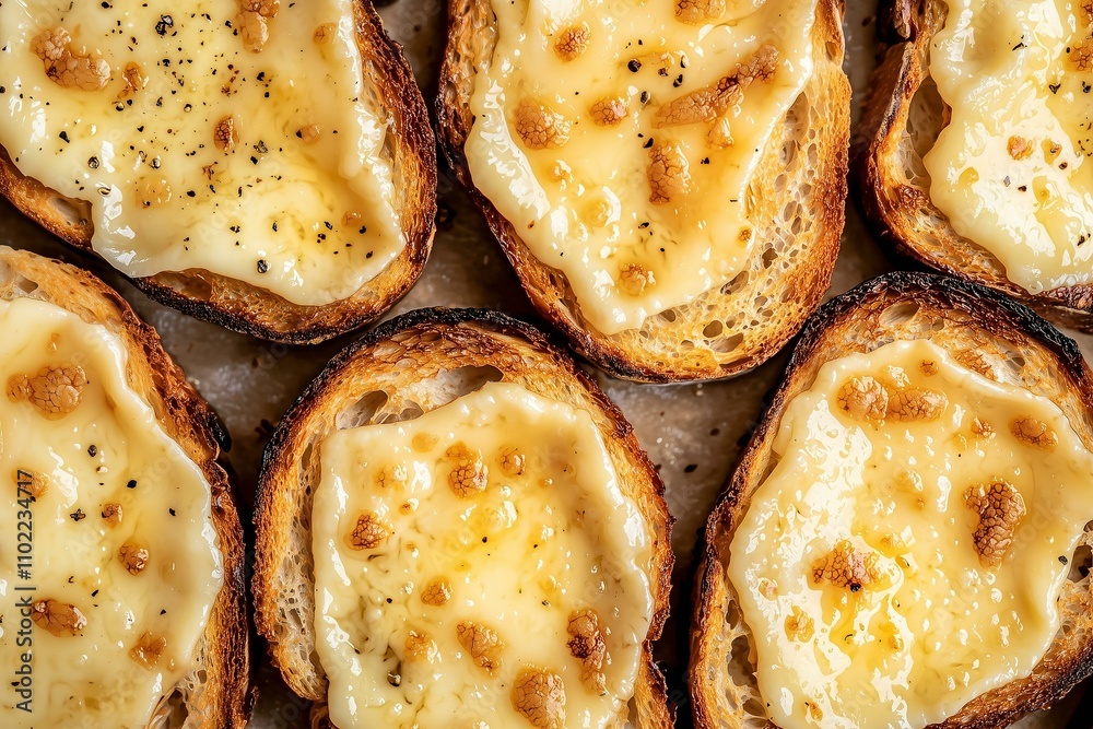 Melted Gruy�re Cheese Over Toasted Bread Slices, Emphasizing Creamy Cheese and Crunchy Base. Suitable for Sandwich Promotions, Winter Recipes, or Food Photography. Melted Gruy�re Cheese Over Toasted Bread Slices, Emphasizing Creamy Cheese and Crunchy Base. Suitable for Sandwich Promotions, Winter Recipes, or Food Photography.
