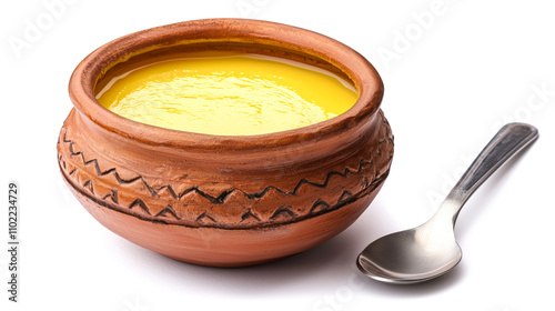Pure Cow Ghee in a Brown Ceramic Bowl with Steel Spoon.
