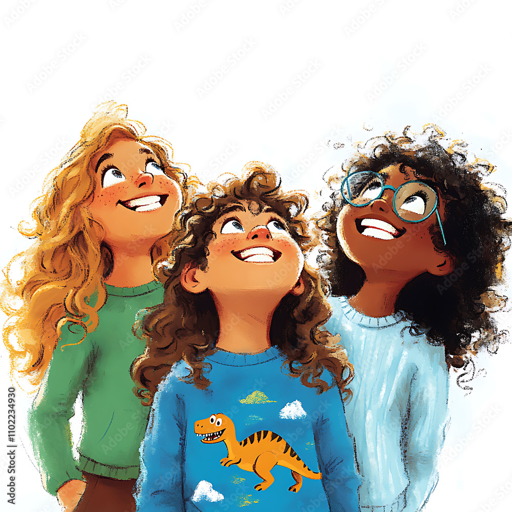 Obraz premium An illustration featuring three diverse children curly hair looking upwards with wonder, joy, curiosity and imagination, creating a warm and inclusive atmosphere for a children's book cover