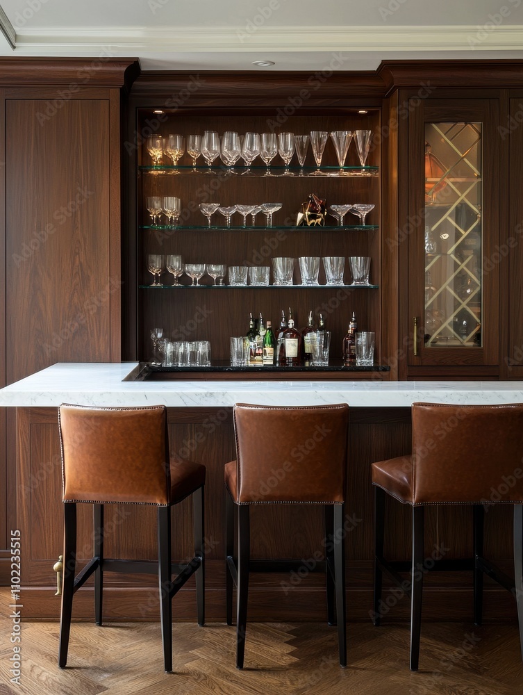 Fototapeta premium Stylish home bar setup modern kitchen interior design cozy atmosphere eye-level view entertaining concept