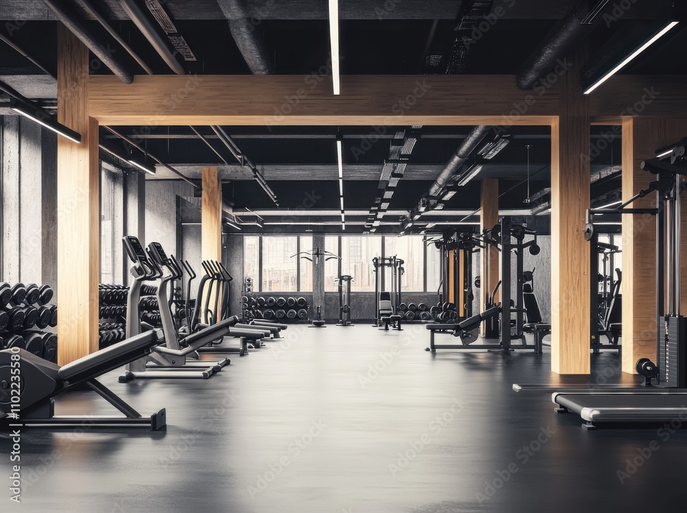 Contemporary fitness center interior with sport and exercise equipment, interior of CrossFit and workout gym, 3D rendering Contemporary fitness center interior with sport and exercise equipment, interior of CrossFit and workout gym, 3D rendering