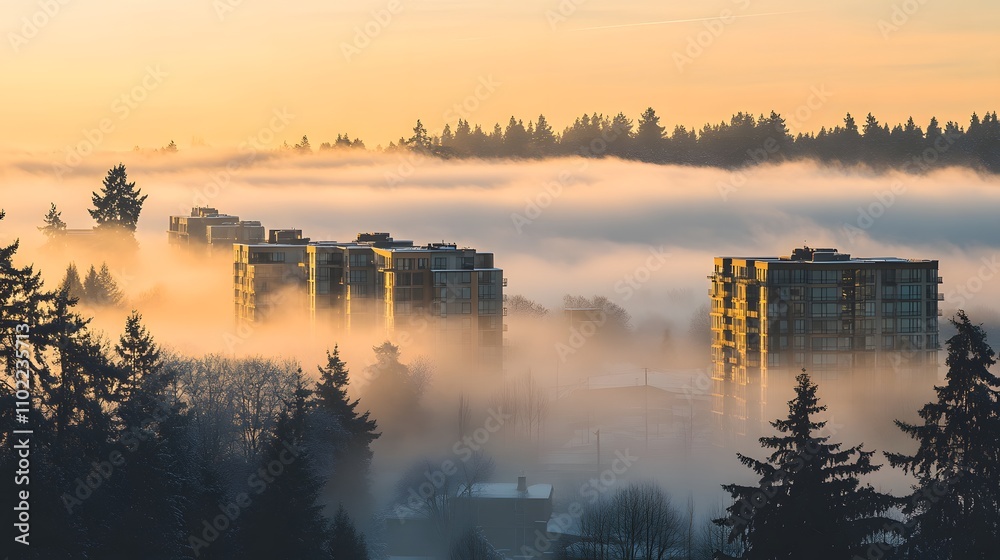 Fototapeta premium Golden Sunrise Fog Envelops Modern Apartment Buildings