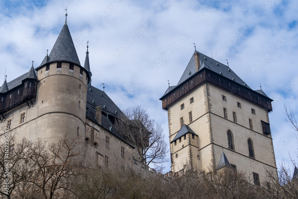 Karlštejn Castle - gothic castle in Bohemia, Czech Republic founded in 1348 by King Charles IV. Burg Karlstein. Karlštejn Castle - gothic castle in Bohemia, Czech Republic founded in 1348 by King Charles IV. Burg Karlstein.