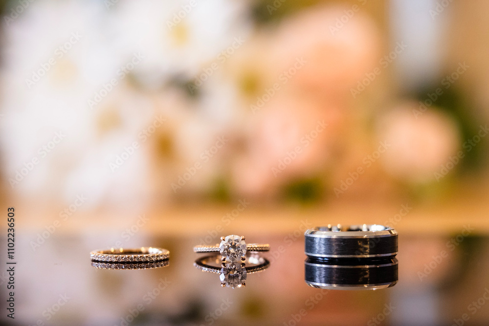 Bride and Groom Wedding Rings in Front of Flowers Bride and Groom Wedding Rings in Front of Flowers