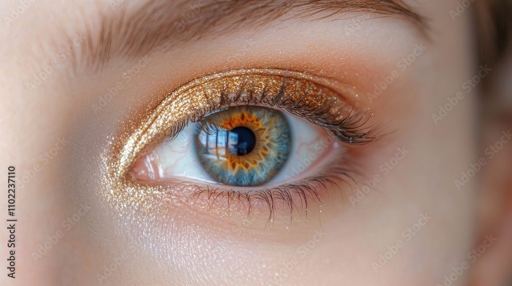 Close-up of a Beautiful Eye with Unique Makeup Featuring Orange and Gold Tones, Showcasing Colorful Iris and Capture of Light Reflection in Eye Close-up of a Beautiful Eye with Unique Makeup Featuring Orange and Gold Tones, Showcasing Colorful Iris and Capture of Light Reflection in Eye