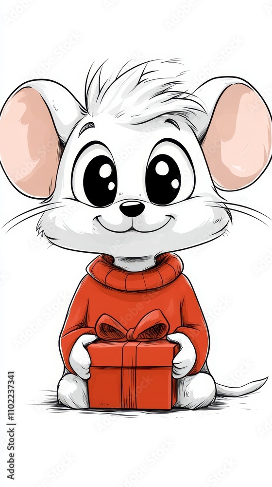 Naklejka premium a cute cartoon mouse wearing a red sweater and holding a red gift box against a white background