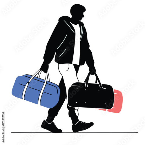 a black silhouette of a man walking with two large duffel bags in his hands