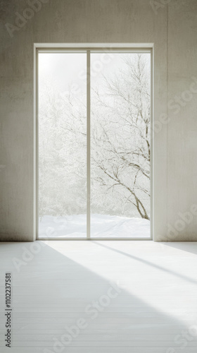 Minimalist studio with large window showcasing frosted trees, evoking winter beauty