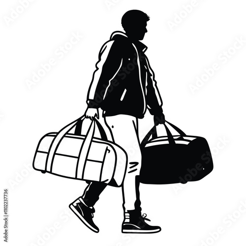 a black silhouette of a man walking with two large duffel bags in his hands