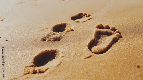 Small, medium, and large footprints in sand, symbolizing steps of different sizes in a journey. photo