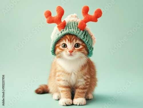 Cute ginger cat in a hat with deer antlers on a light mint green background. Fanny Christmas banner, greeting card, front view photo