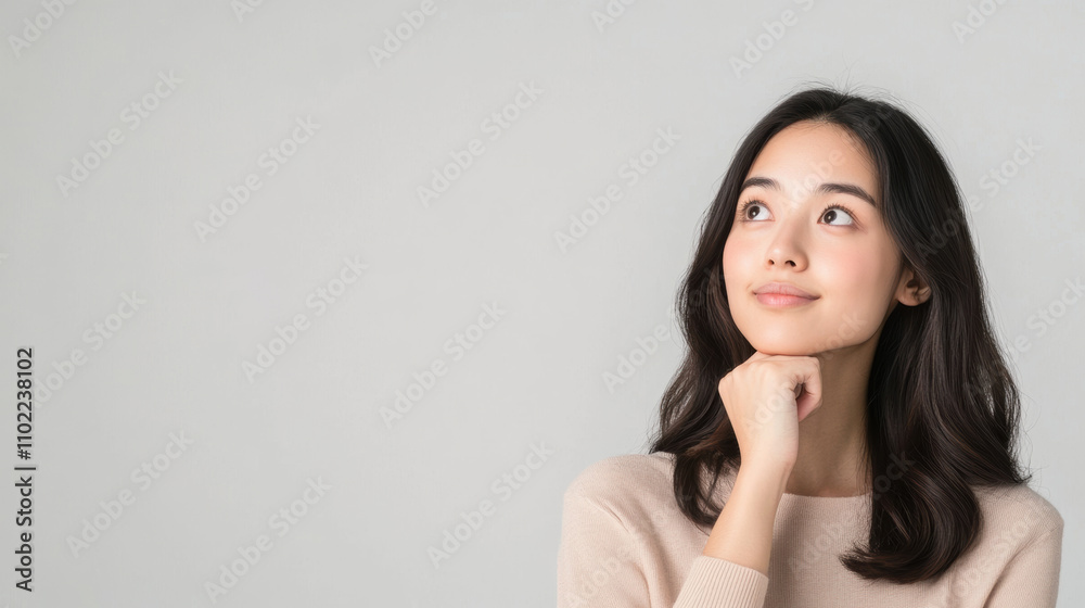 Thoughtful Asian woman with neutral expression against light gray background Thoughtful Asian woman with neutral expression against light gray background