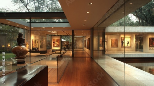 A modern art gallery showcasing various artworks, featuring glass walls and wooden floors, surrounded by lush greenery.