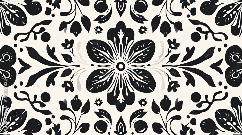 Elegant black and white floral pattern with Romanian motifs and designs Elegant black and white floral pattern with Romanian motifs and designs