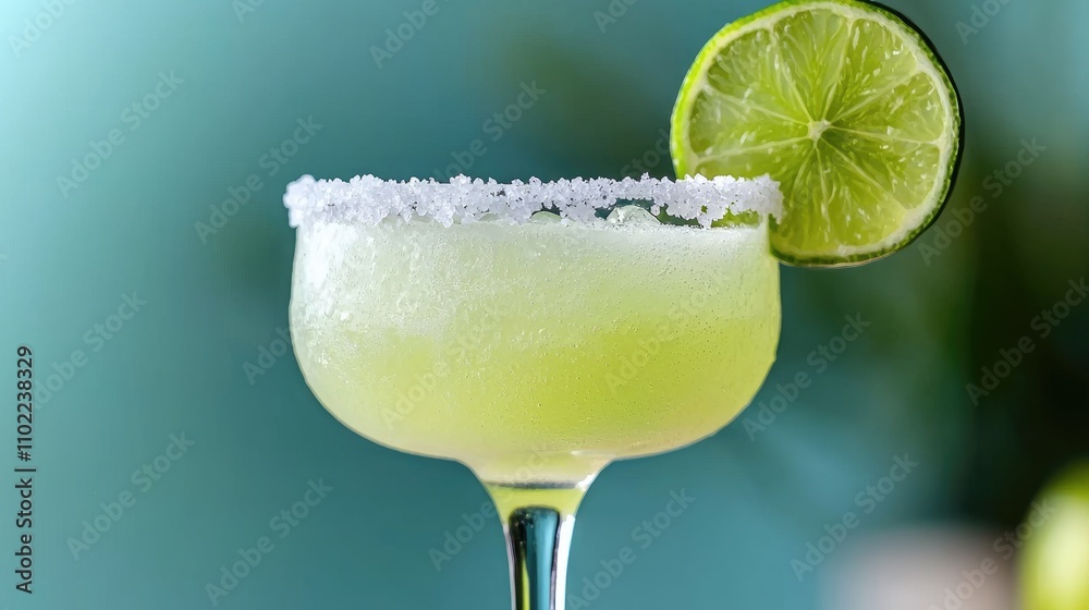 Refreshing Green Margarita Cocktail with Salt Rim and Lime Slice on Blue Background Perfect for Summer Celebrations and Tropical Parties Refreshing Green Margarita Cocktail with Salt Rim and Lime Slice on Blue Background Perfect for Summer Celebrations and Tropical Parties