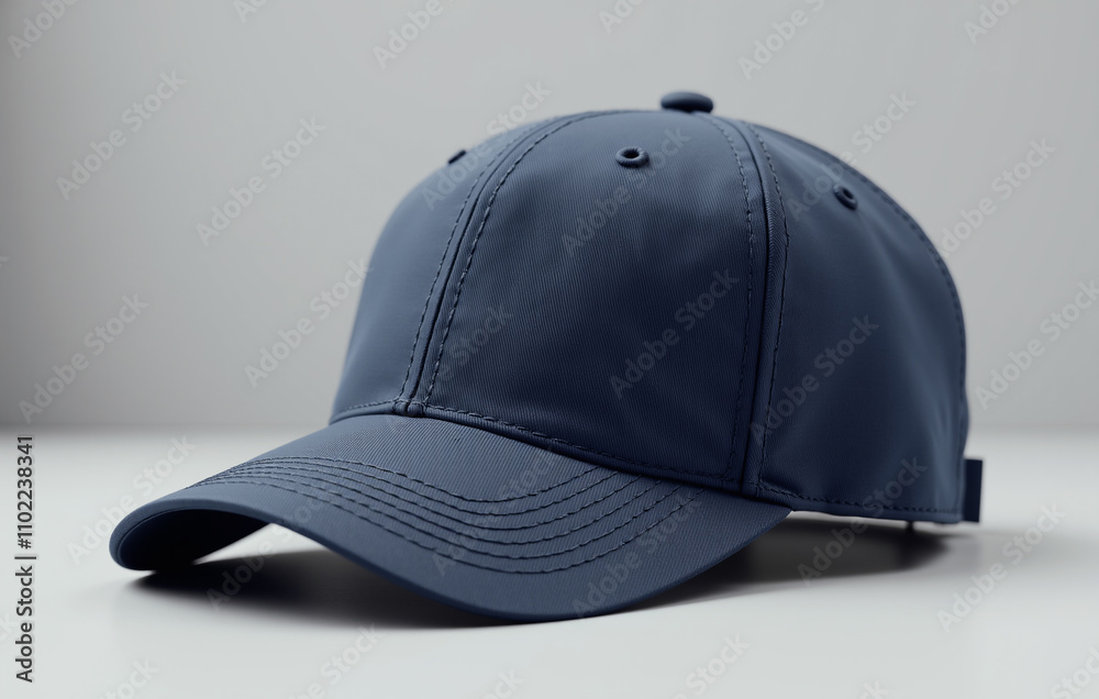 A blank, navy blue baseball cap is placed on a neutral gray surface A blank, navy blue baseball cap is placed on a neutral gray surface