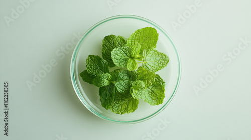 Fresh mint leaves arranged in bowl, showcasing vibrant green colors
