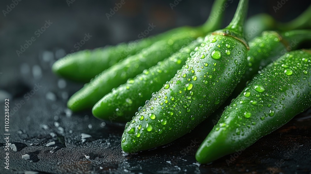 Close-up of fresh, vibrant green jalape?os glistening with water droplets on a dark background. Close-up of fresh, vibrant green jalape?os glistening with water droplets on a dark background.