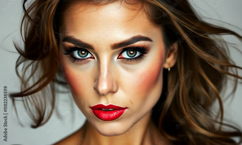 Captivating beauty exudes confidence in a striking black ensemble during a dynamic fashion shoot