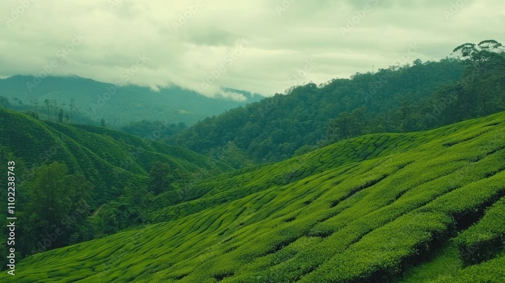 Fototapeta premium Lush Green Tea Plantations Nestled in the Misty Himalayan Mountains