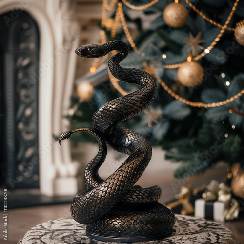 snake figurine under the tree. christmas. year of the snake