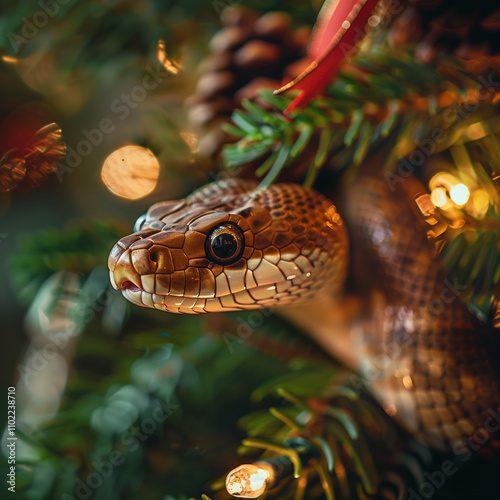 a snake crawls out of a Christmas tree with a gift