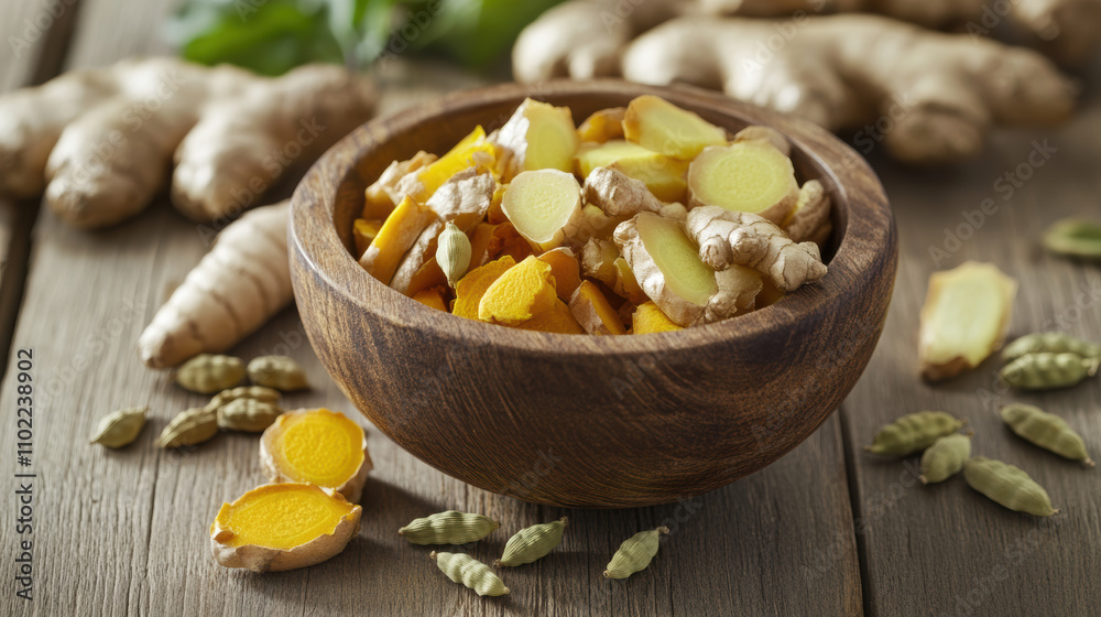 Wooden bowl filled with ginger, turmeric, and cardamom slices Wooden bowl filled with ginger, turmeric, and cardamom slices