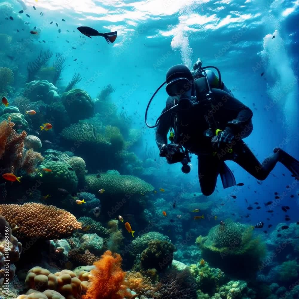 Discover vibrant underwater life as a diver explores colorful coral reefs in a tropical paradise Discover vibrant underwater life as a diver explores colorful coral reefs in a tropical paradise