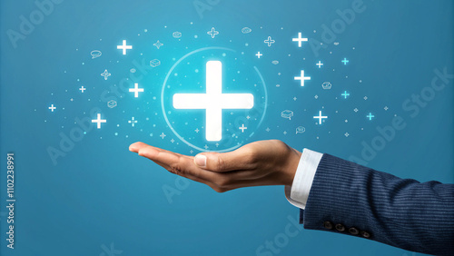 Male hand holding plus icon on blue background. Plus sign virtual means to offer positive thing like benefits, personal development, social network Profit,health insurance, growth concepts