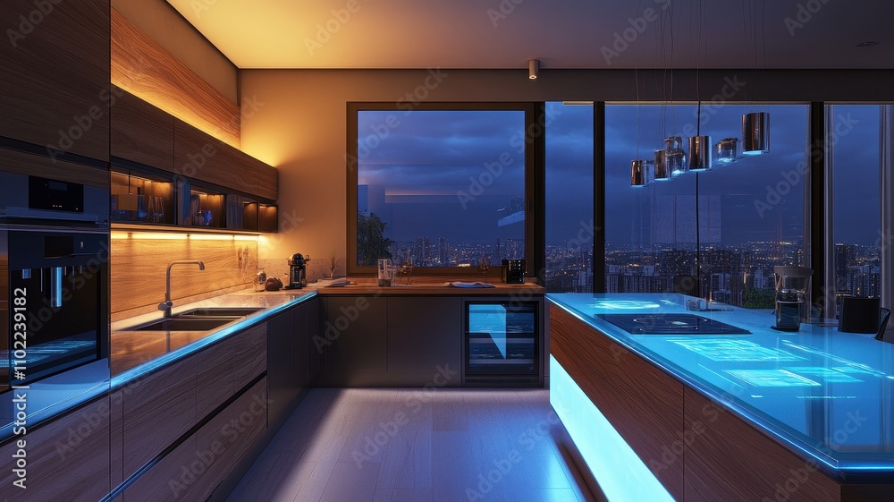 A modern kitchen featuring sleek wooden cabinetry, illuminated countertops, and a stunning city skyline view at dusk.