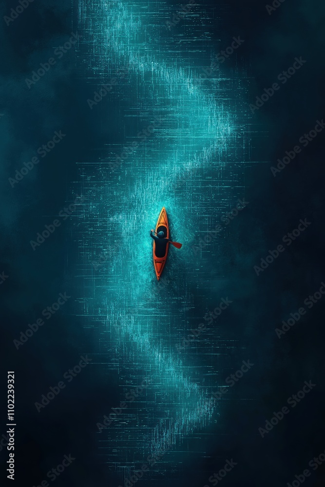 Fototapeta premium Kayaker paddling through luminescent waters at night, aerial view. Vibrant blue light trails