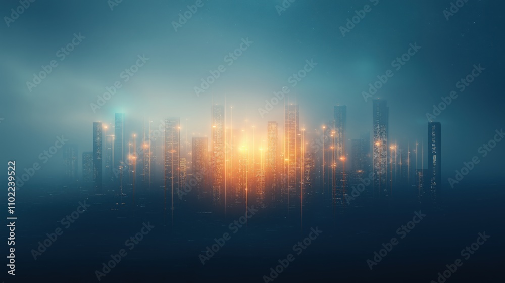 A city skyline with a bright orange sun in the background A city skyline with a bright orange sun in the background