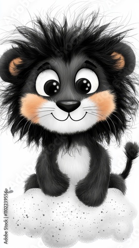  a cute cartoon lion cub sitting on top of a cloud, with a white background The lion cub has a black and white fur coat, and its eyes are wide open, giving it a fri