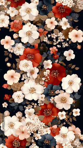 Intricate floral pattern featuring cherry blossoms and various flowers