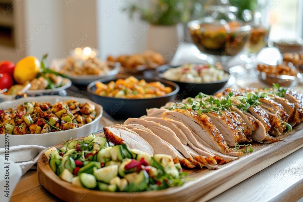 A Beautifully Arranged Feast Featuring Sliced Roasted Chicken, Colorful Salads, and Vibrant Side Dishes, Perfect for Celebrating Gatherings and Special Occasions A Beautifully Arranged Feast Featuring Sliced Roasted Chicken, Colorful Salads, and Vibrant Side Dishes, Perfect for Celebrating Gatherings and Special Occasions