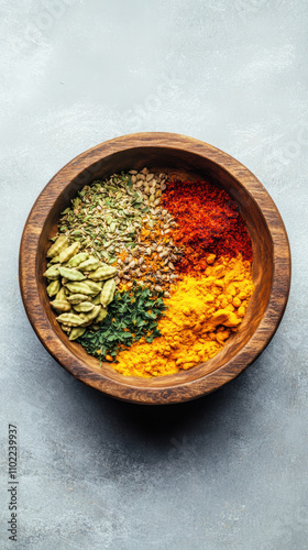 Wooden bowl filled with vibrant spices like turmeric, cardamom